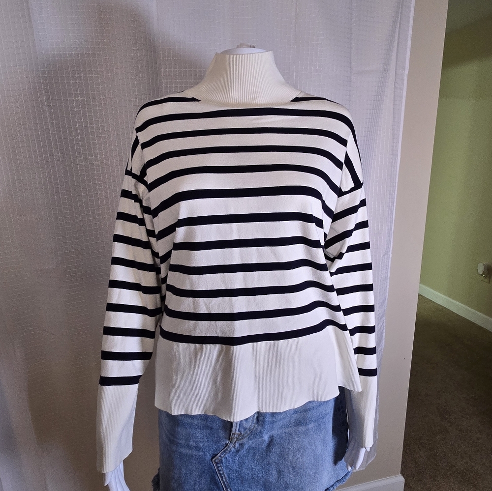 Babaton Cream And Blue Stripe Mock Neck